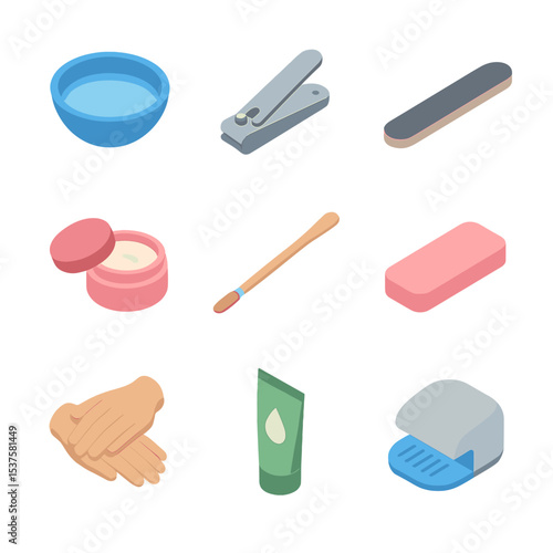Manicure Icon Set. Isometric Flat icon set of basic manicure steps: soak bowl, nail clipper, file board, cuticle cream, push stick