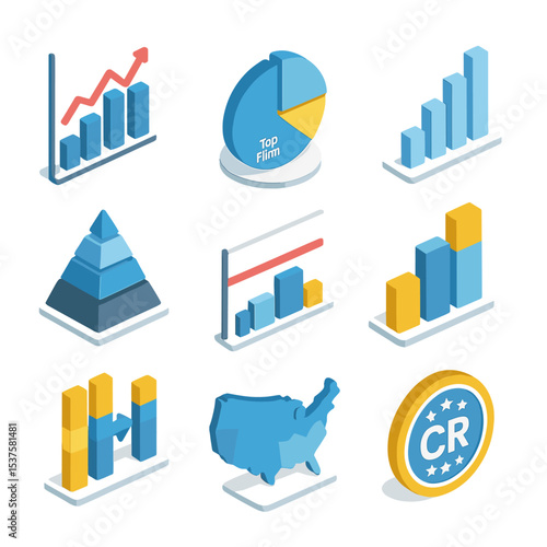 Market Concentration Icons. Isometric Flat icon set of Market concentration metrics: HHI chart, top-firm market share pie, CR4 bar