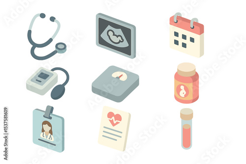Maternal Health Icons. Isometric Flat icon set of maternal health checkups: stethoscope, ultrasound image, appointment calendar,