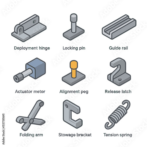 Mechanism Icon Set. Isometric Flat icon set of Assembly and deployment mechanisms: deployment hinge, locking pin, guide rail,