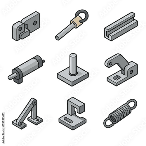 Mechanism Icon Set. Isometric Flat icon set of Assembly and deployment mechanisms: deployment hinge, locking pin, guide rail,