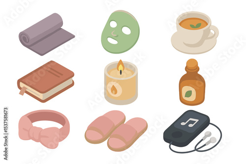 Maternal Self-Care Icons. Isometric Flat icon set of maternal self-care: yoga mat, face mask, herbal tea, journal notebook,