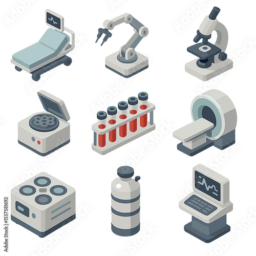 Medical Research Icons. Isometric Flat icon set of medical and research facilities: medical bay, robotic surgical arm, microscope