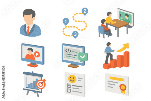 Mentorship Icon Set. Isometric Flat icon set of mentorship and training: mentor avatar, learning path, workshop, webinar screen,