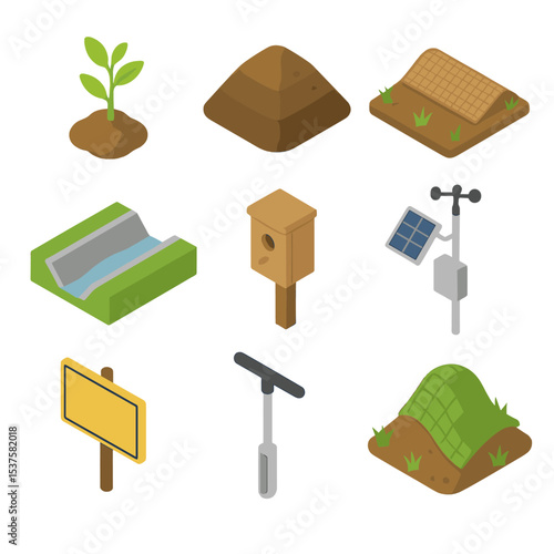 Mine Rehabilitation Icons. Isometric Flat icon set of Mine rehabilitation and environment: reforestation sapling, topsoil