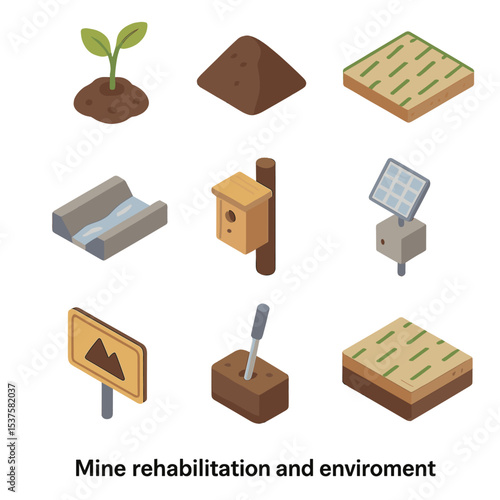Mine Rehabilitation Icons. Isometric Flat icon set of Mine rehabilitation and environment: reforestation sapling, topsoil