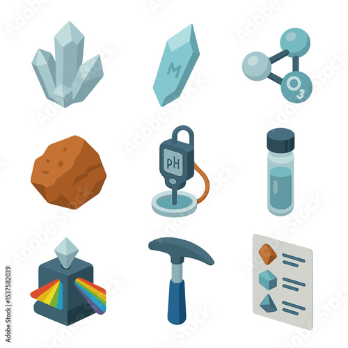 Mineral Analysis Icons. Isometric Flat icon set of Mineral Spring Composition: calcium crystal, magnesium shard, bicarbonate