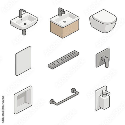 Minimalist Bathroom Icons. Isometric Flat icon set of minimalist fixtures: wall-mounted sink, floating vanity, wall-hung toilet,