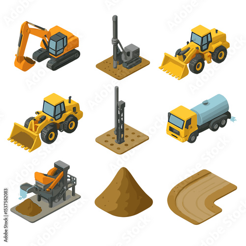 Mining Machinery Icons. Isometric Flat icon set of Open-pit mining machinery: excavator, bulldozer, grader, wheel loader, blast