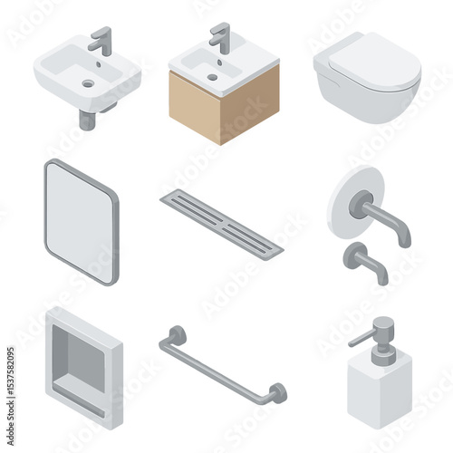 Minimalist Bathroom Icons. Isometric Flat icon set of minimalist fixtures: wall-mounted sink, floating vanity, wall-hung toilet,