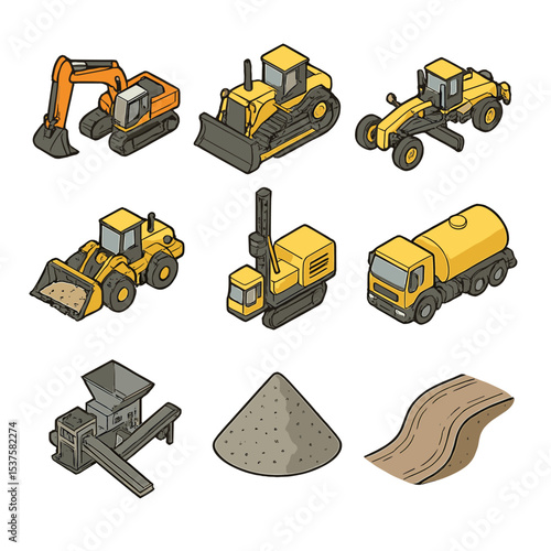 Mining Machinery Icons. Isometric Flat icon set of Open-pit mining machinery: excavator, bulldozer, grader, wheel loader, blast