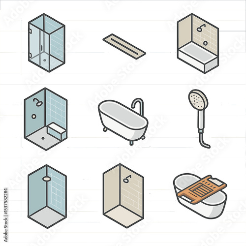 Modern Bathroom Icon Set. Isometric Flat icon set of shower and tub designs: frameless glass door, linear floor drain, alcove