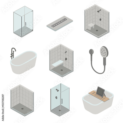 Modern Bathroom Icon Set. Isometric Flat icon set of shower and tub designs: frameless glass door, linear floor drain, alcove