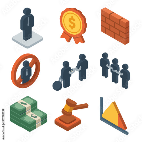 Monopoly Dynamics Icons. Isometric Flat icon set of Monopoly power dynamics: single seller silhouette, price setter badge, barrier
