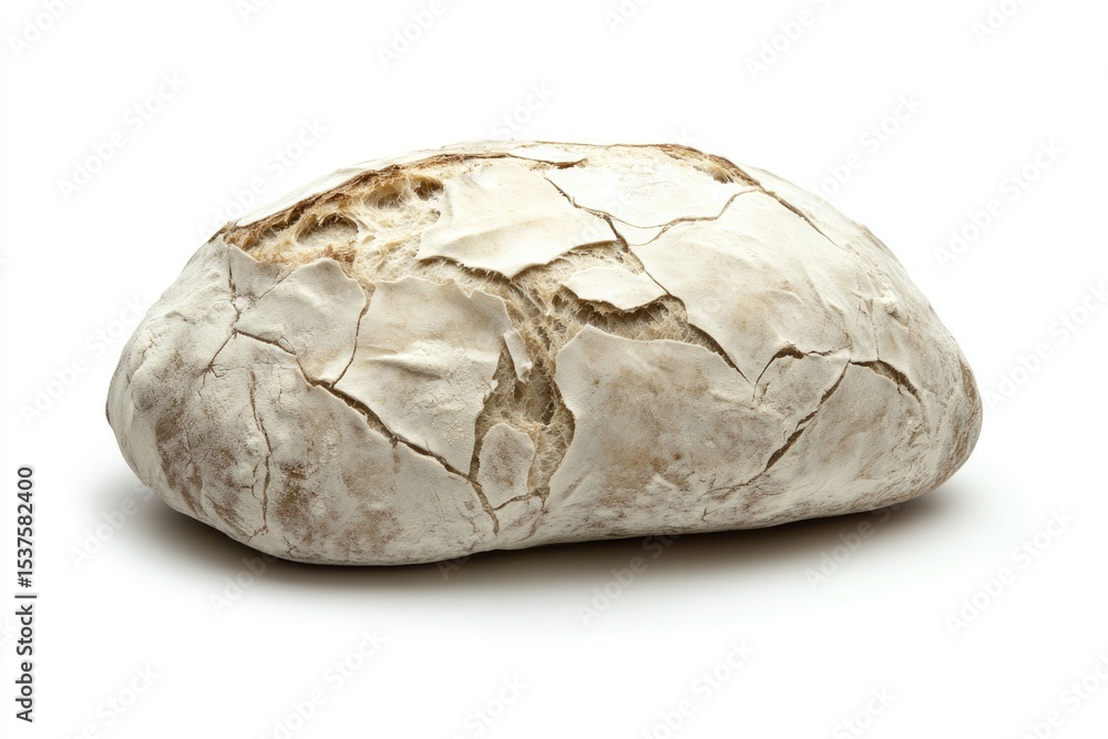 Obraz premium A sourdough bread loaf, covered in flour with cracks, sits on a white background, showing rustic texture.