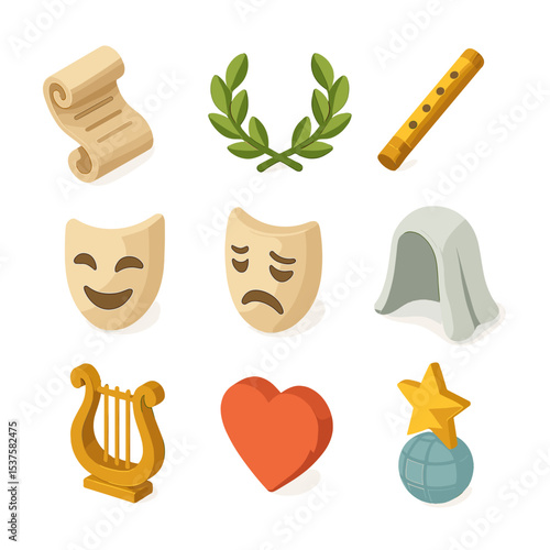 Muse Icon Set. Isometric Flat icon set of Muse emblems: Calliope scroll, Clio laurel, Euterpe flute, Thalia mask, Melpomene mask,