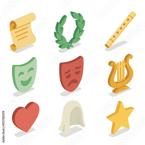 Muse Icon Set. Isometric Flat icon set of Muse emblems: Calliope scroll, Clio laurel, Euterpe flute, Thalia mask, Melpomene mask,