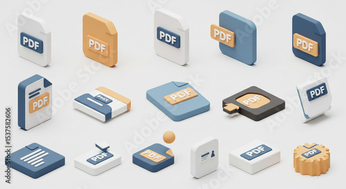 Diverse PDF File Format Isometric Icons Illustration Document Management Design Modern Graphic Set