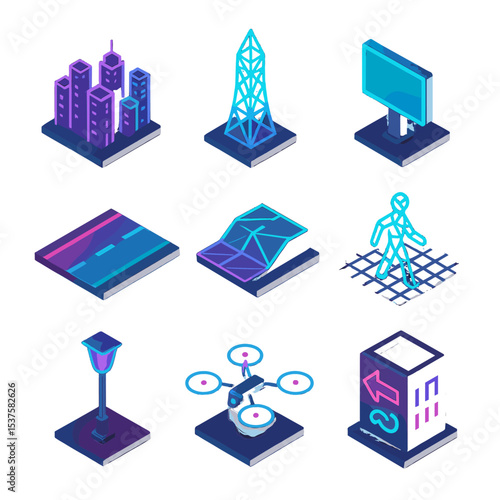 Neon Cybercity Icons. Isometric Flat icon set of neon cybercity landscapes: glowing skyline, wireframe tower, hologram billboard,