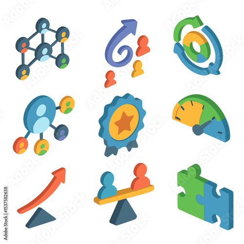 Network Effects Icons. Isometric Flat icon set of Network effects markets: user network graph, viral growth spiral, positive