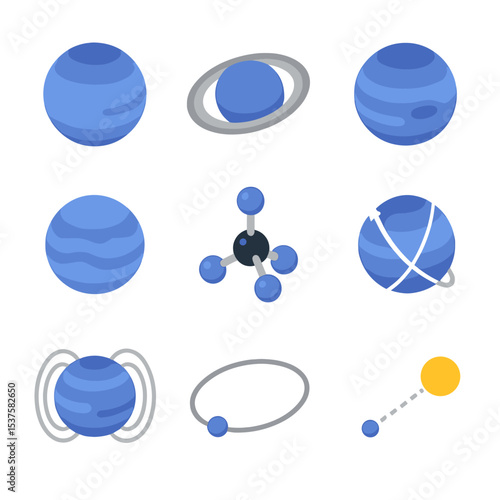 Neptune Icon Set. Isometric Flat icon set of Neptune planet features: blue gas sphere, faint rings, Great Dark Spot, cloud bands,