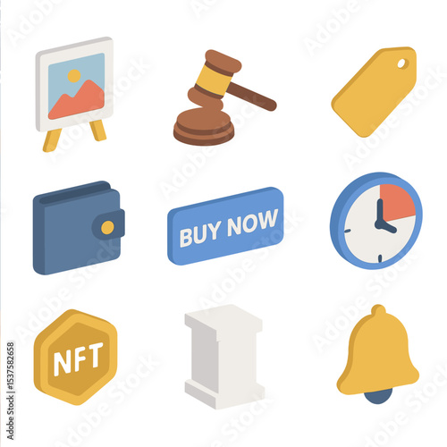 NFT Marketplace Icons. Isometric Flat icon set of NFT marketplace components: digital art canvas, bidding hammer, price tag,