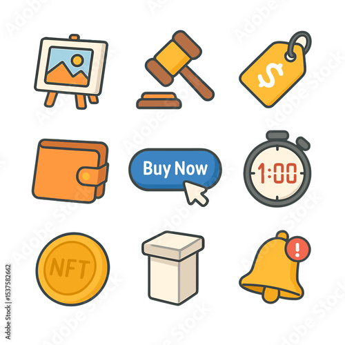 NFT Marketplace Icons. Isometric Flat icon set of NFT marketplace components: digital art canvas, bidding hammer, price tag,