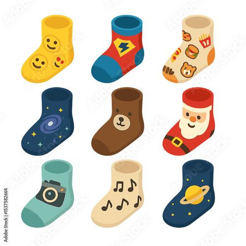 Isometric Novelty Socks. Isometric Flat icon set of novelty and themed socks: emoji sock, superhero sock, food print sock, galaxy
