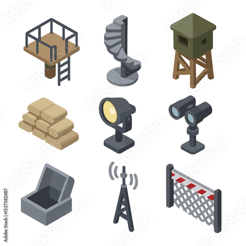 Observation Tower Icons. Isometric Flat icon set of observation tower perimeter: elevated platform, spiral staircase, guard turret