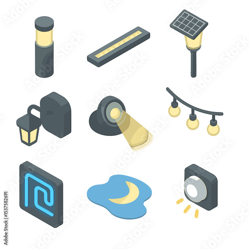 Nighttime Illumination Icons. Isometric Flat icon set of Sidewalk night illumination: bollard light, embedded LED strip, solar