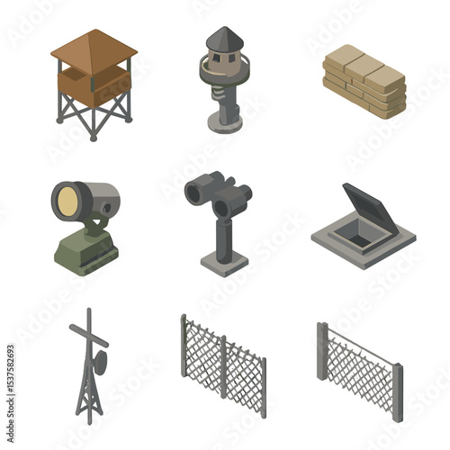 Observation Tower Icons. Isometric Flat icon set of observation tower perimeter: elevated platform, spiral staircase, guard turret