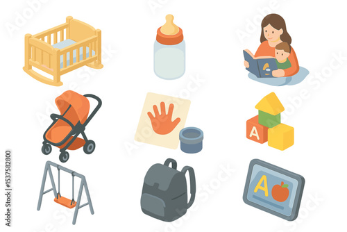 Parent-Child Icons Collection. Isometric Flat icon set of parent-child moments: baby cradle, feeding bottle, bedtime storybook,