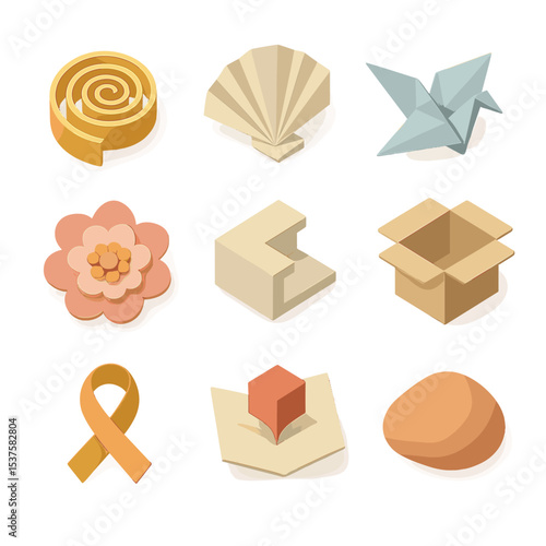 3D Paper Art Icons. Isometric Flat icon set of 3D collage and paper sculpture: paper quilling coil, folded fan, origami bird,