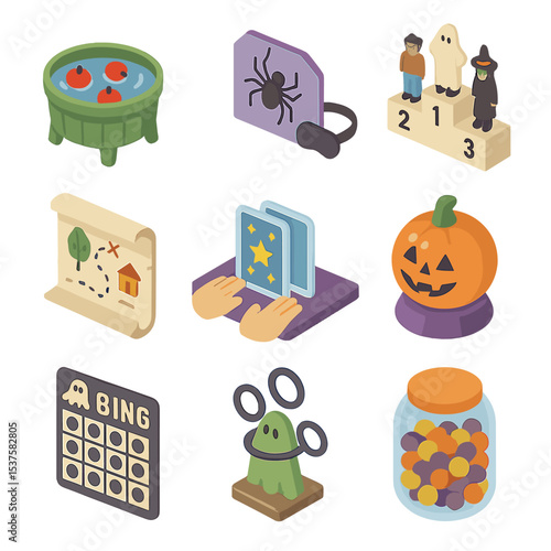 Party Games Icon Set. Isometric Flat icon set of party games: bobbing for apples, pin the spider, costume contest podium,