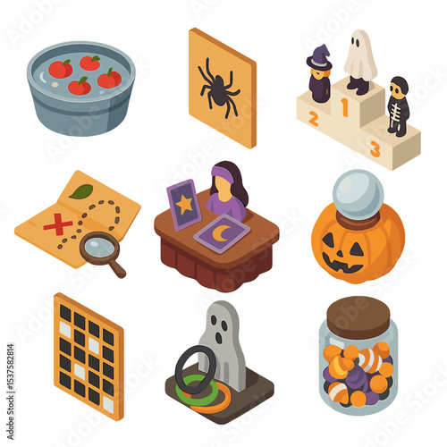 Party Games Icon Set. Isometric Flat icon set of party games: bobbing for apples, pin the spider, costume contest podium,