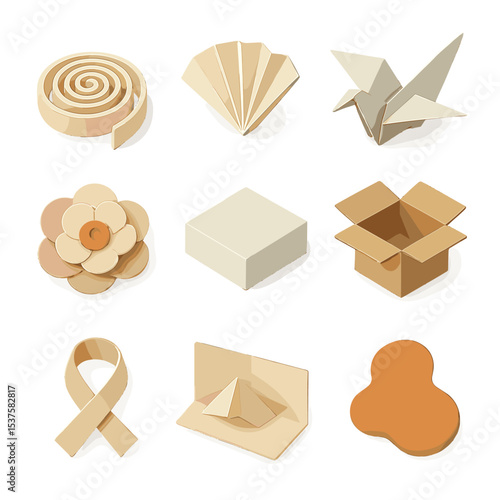 3D Paper Art Icons. Isometric Flat icon set of 3D collage and paper sculpture: paper quilling coil, folded fan, origami bird,