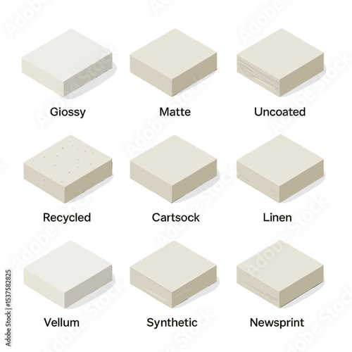 Paper Types Icon Set. Isometric Flat icon set of paper types: glossy stock, matte stock, uncoated paper, recycled paper, cardstock