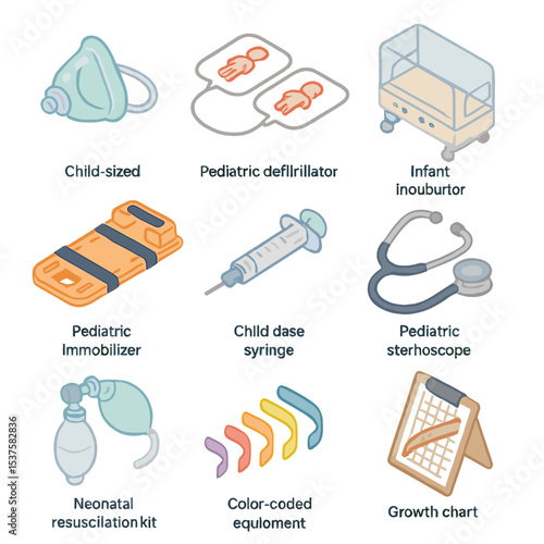 Pediatric Emergency Icons. Isometric Flat icon set of pediatric emergency supplies: child-sized mask, pediatric defibrillator pads