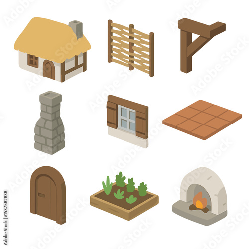 Peasant Cottage Icon Set. Isometric Flat icon set of peasant cottage architecture: thatched roof cottage, wattle-and-daub wall,