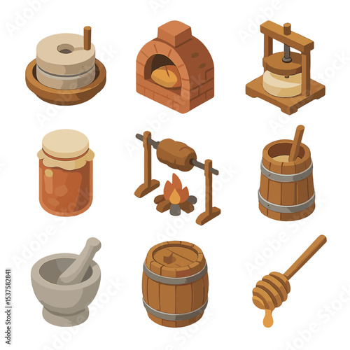 Peasant Food Icons. Isometric Flat icon set of peasant food preparation: grain millstone, bread oven, cheese press, preserving jar