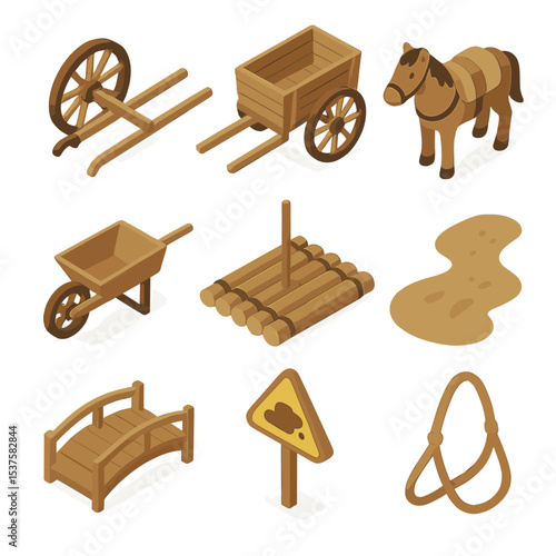 Peasant Transport Icons. Isometric Flat icon set of peasant transport methods: oxcart wheel, wooden cart, packhorse saddle,