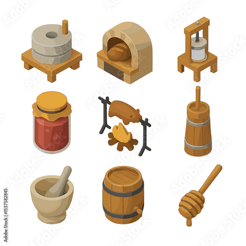 Peasant Food Icons. Isometric Flat icon set of peasant food preparation: grain millstone, bread oven, cheese press, preserving jar