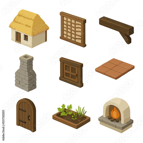 Peasant Cottage Icon Set. Isometric Flat icon set of peasant cottage architecture: thatched roof cottage, wattle-and-daub wall,