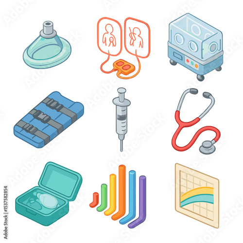 Pediatric Emergency Icons. Isometric Flat icon set of pediatric emergency supplies: child-sized mask, pediatric defibrillator pads