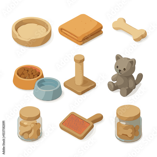 Pet Comfort Icons. Isometric Flat icon set of Pet comfort corner: pouf bed, pet blanket, toy bone, food bowl, water bowl,