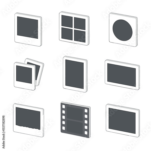 Photo Collage Templates. Isometric Flat icon set of photo collage templates: Polaroid frame, square photo grid, circle photo hole,
