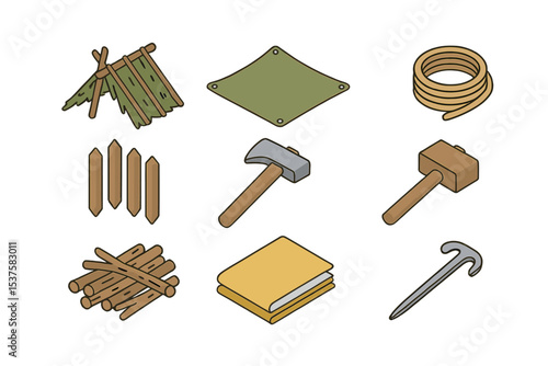 Primitive Shelter Icon Set. Isometric Flat icon set of primitive shelter building: lean-to structure, tarp cloth, rope coil,