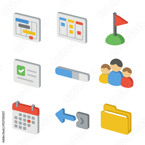 Project Management Icons. Isometric Flat icon set of project management workflow: Gantt chart, kanban board, milestone flag, task
