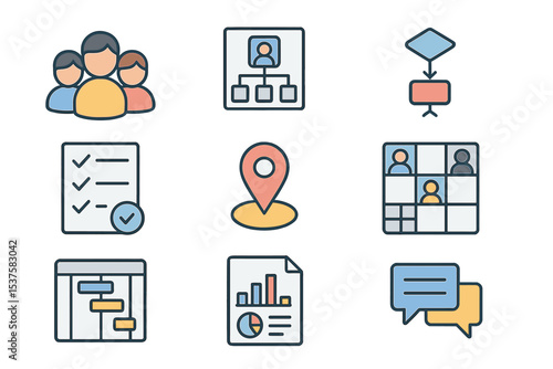 Project Management Icons. Isometric Flat icon set of cross-company project teams: team avatar group, role assignment chart,