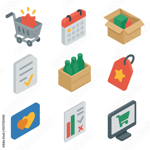Purchase Behavior Icons. Isometric Flat icon set of Purchase behavior types: impulse buy cart, planned purchase calendar,